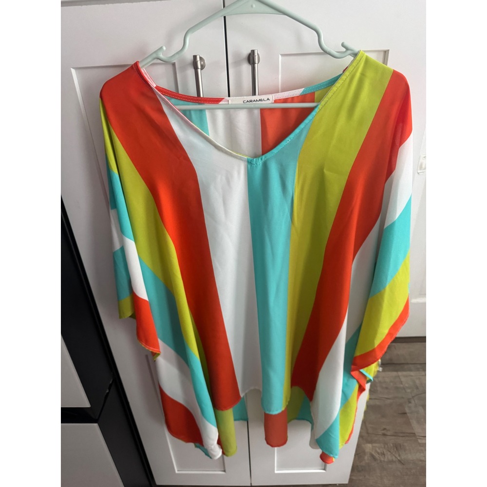 Caramela Womens Striped Poncho Top V-Neck Oversized Blouse Multi-Color Large
